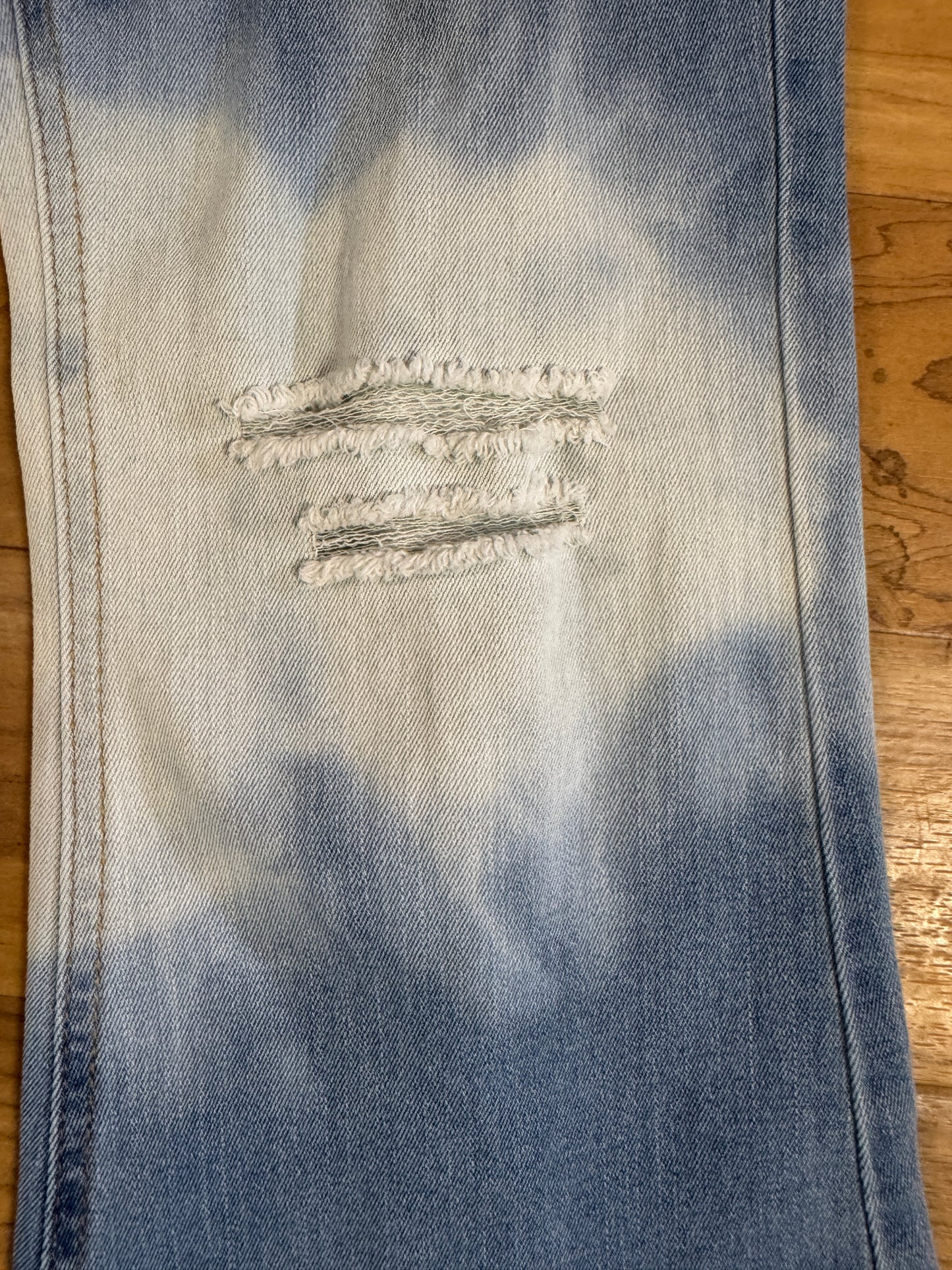 Sunburst, Flared Pull-on Distressed Denim Jeans