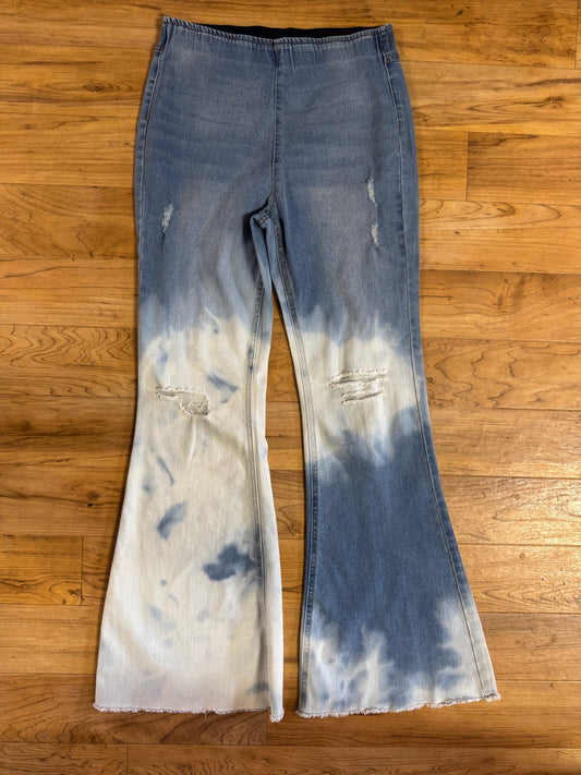 Sunburst, Flared Pull-on Distressed Denim Jeans